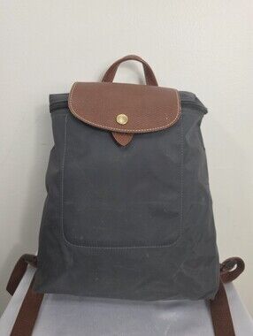 Longchamp Gray Nylon Backpack with Brown Leather Flap and Handle